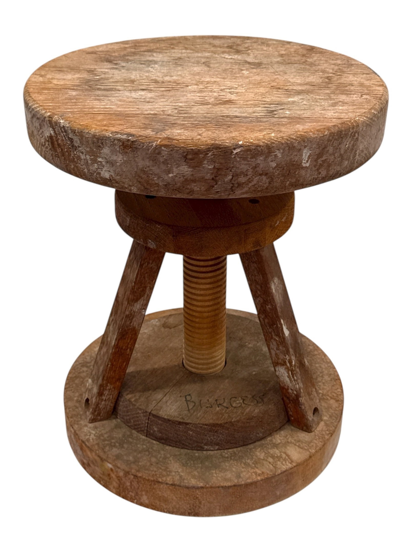 French Adjustable Work Studio Stool: Wood. Adjusts from 12" - 14" H x 11.5" seat diameter. Signed "Burgess".