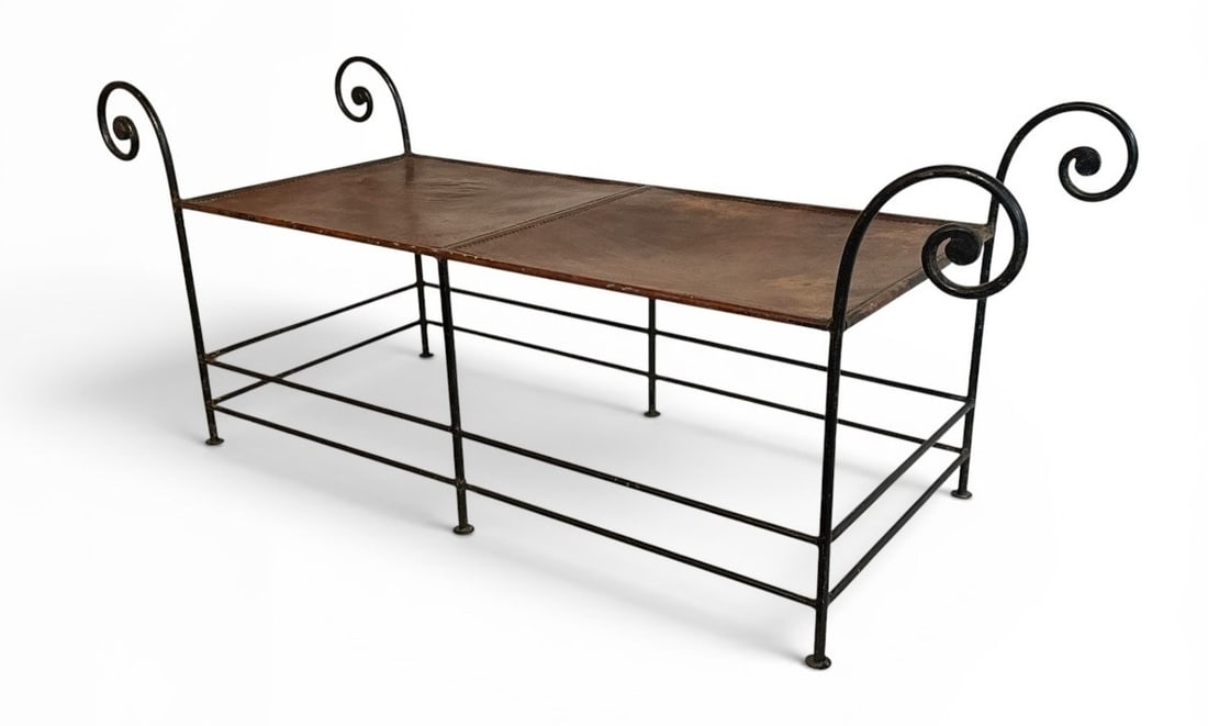 French Wrought Iron and Leather Bench: 25.5" H to arms x 18" H to seat x 62" W from arm to arm x 22" D.
