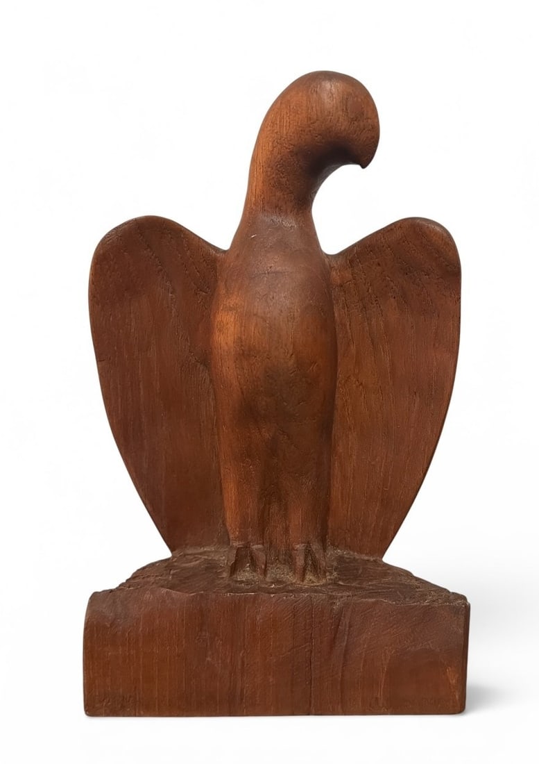 Carved Redwood Folk Art Eagle Sculpture, Signed: Signed J. Somoloff on the bottom right and Pablo on the bottom left. Measures 10" H x 6.5" W x 2.5" D.