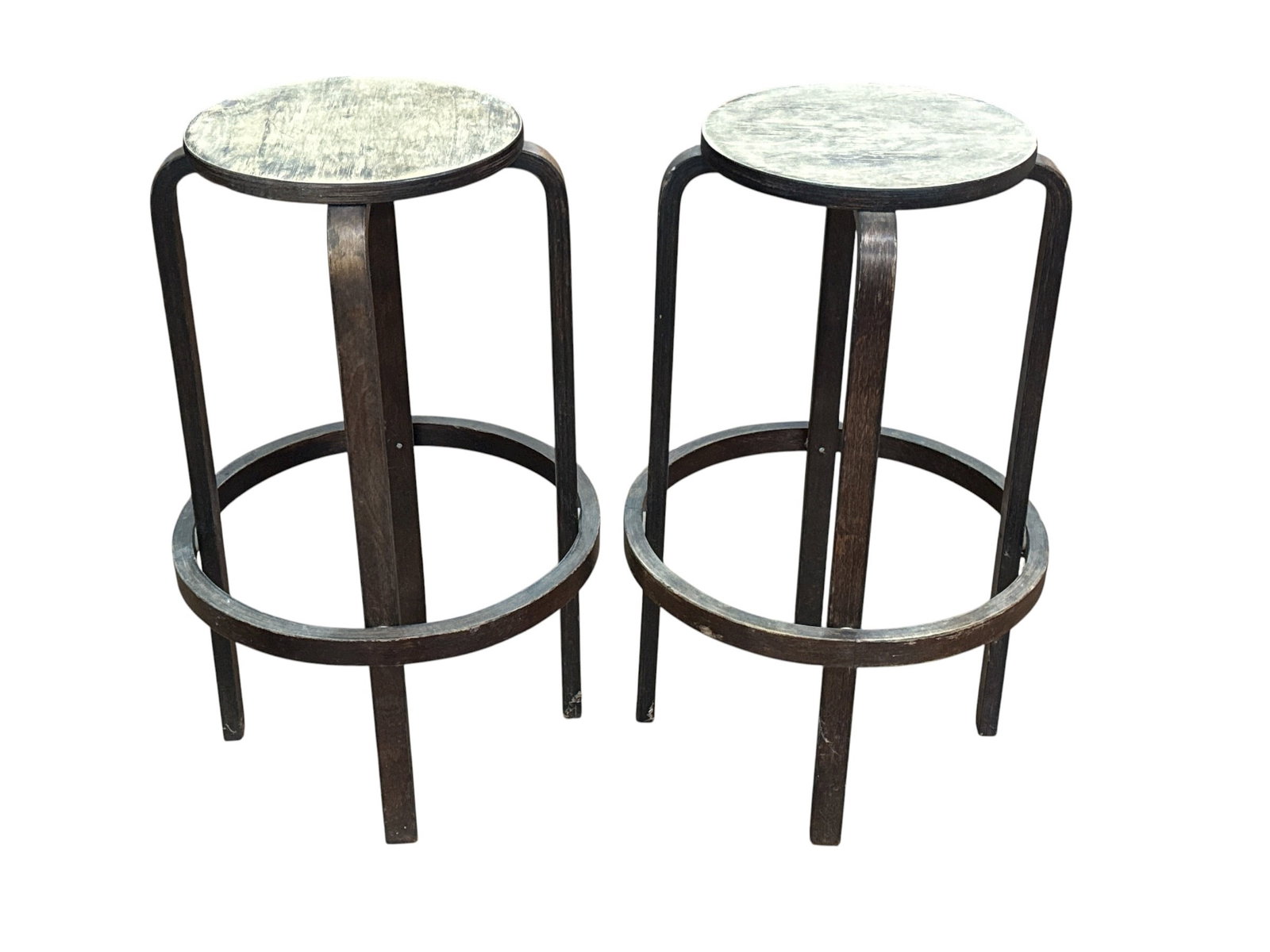 Pair of Stacking Barstool in the style of Alvar Aalto: 30" H x 13" seat diameter x 19" overall diameter.