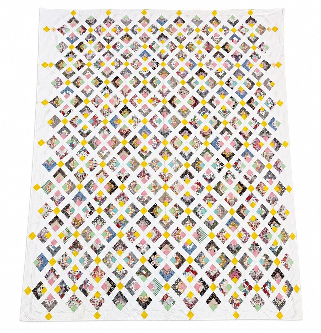 Early Americana "Eye Spy" Quilt Top: Measures 85" x 72". Features intricate diamond or lattice pattern with different pieces of fabric creating a patchwork pattern.