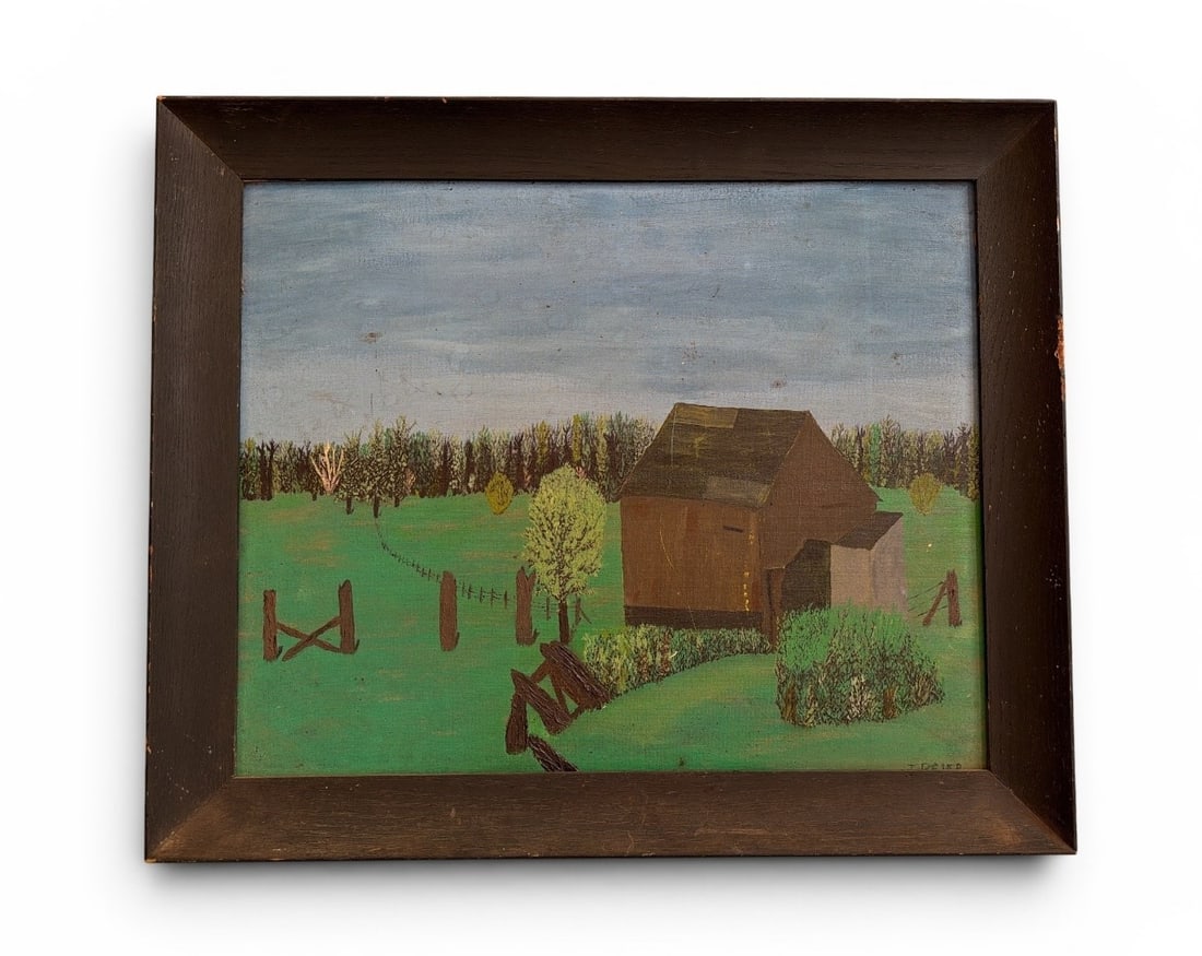 Folk Art Barn Acrylic Painting: Measures 19.25" x 23.25" x 1" D in the frame, sight measures 15.5" x 19.5". Signed J. Peter in the lower right corner, acrylic on board.