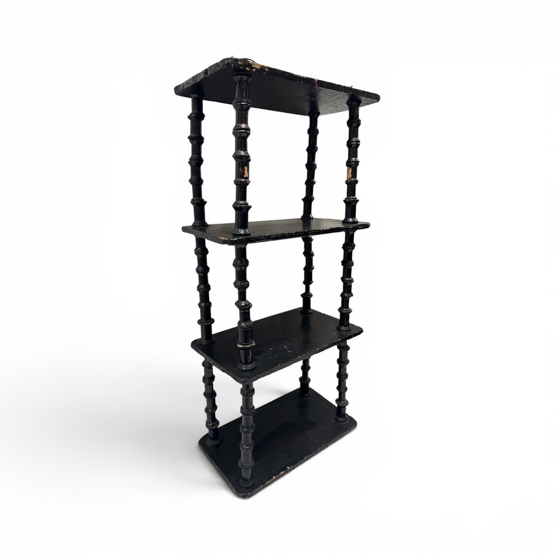 Antique Folk Art Spool Shelf: Three tier folk art spool shelf. Measures 28.25" H x 13" W x 7.5" D. 4" drop.
