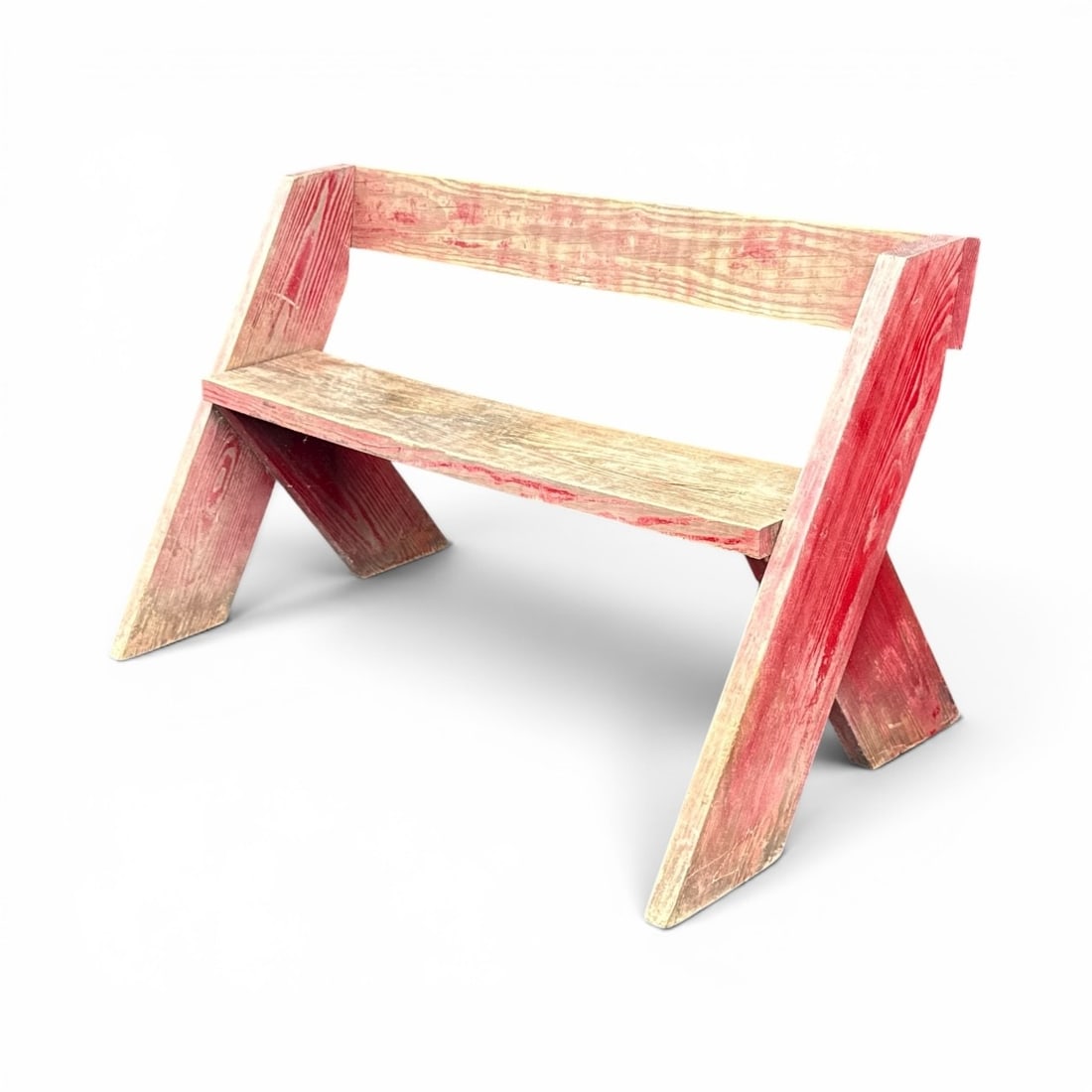 Red Primitive Modernist Folk Art Bench: 28" H to back x 17" H to seat x 48" W x 28" D.
