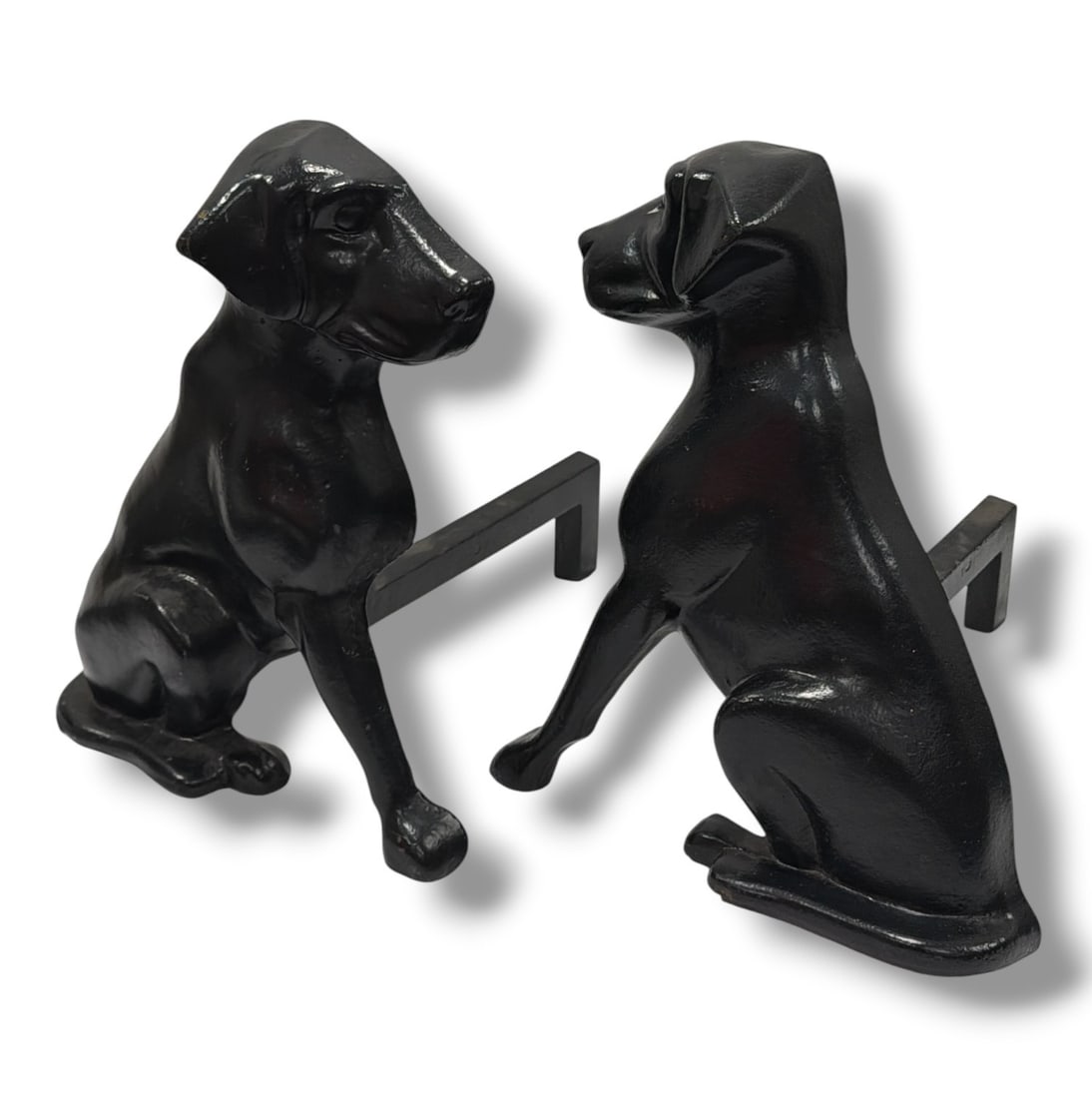 A Pair of Cast Iron Dog Andirons, Black Labrador Retriever: Each measures 13.75" H x 11" W x 14.25" D.
