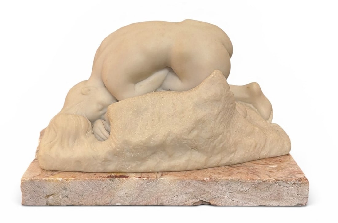 After AUGUSTE RODIN "Danaid" Nude Woman Sculpture: After Auguste Rodin, Danaid sculpture. Signed and dated on the base. Measures 4.5" H x 7.25" W x 4.5" D on the marble base, off the base the sculpture measures 4" H x 6.5" W x 4" D. Composite