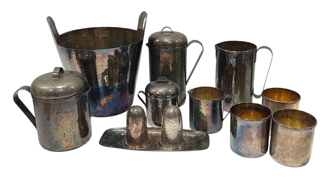 Collection Vintage CALEGARO ITALY Hammered Silverplate Barware Accessories: Includes salt and pepper shaker on stand, ice bucket that measures 9" H x 9" W x 8" overall diameter, lidded pitchers, creamer, sugar and cups.