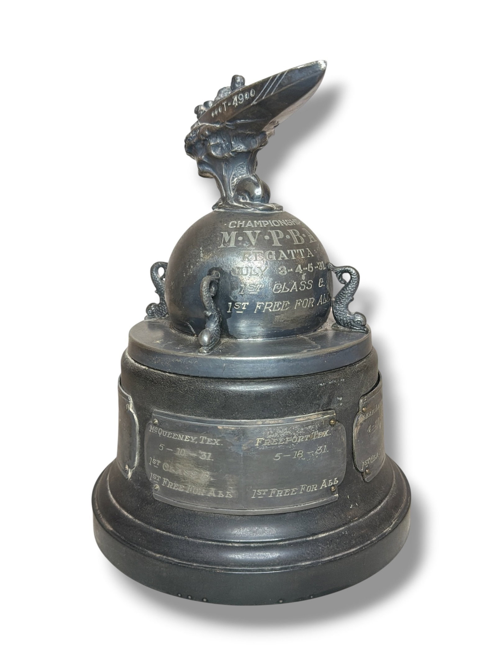 Art Nouveau Era Regatta Boating Trophy: Measures 10" H x 7.5" overall diameter.