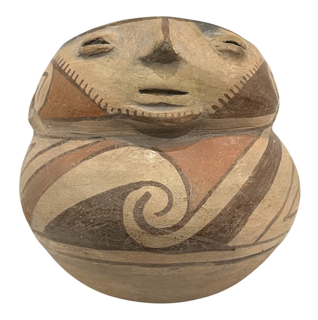 Casas Grandes Effigy Human Face Polychrome Pottery Vessel: Measures 5.5" H x 6" diameter.