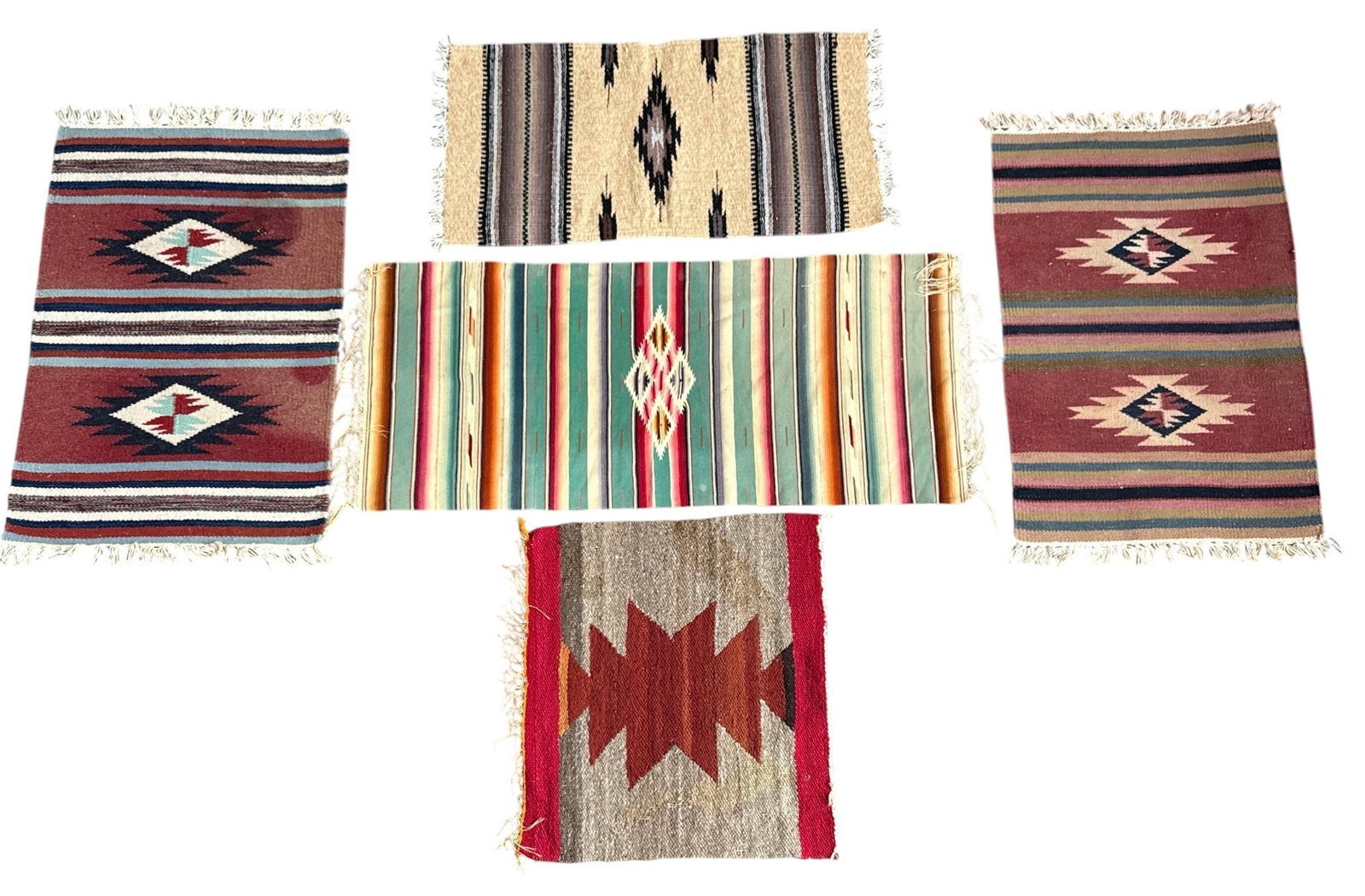 Five Mexican, Southwestern Wool Saddle Blankets: Largest measures 33" x 20.5". The blue Mexican piece is not wool.