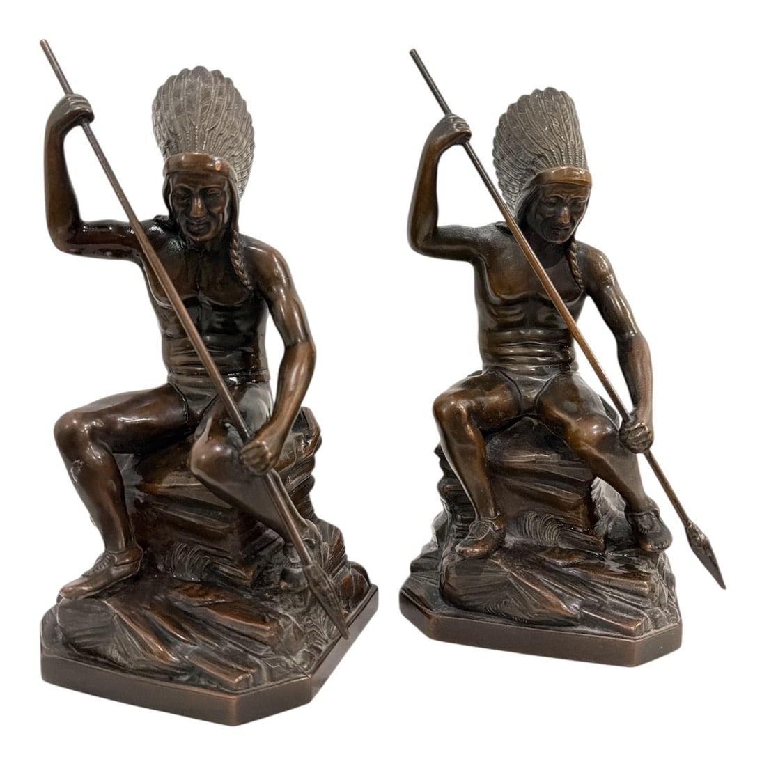 Native American Cast Bronze Bookends, JENNINGS BROTHERS: Each measures 8.5" H x 4" W x 4" D. Marked J.B. 2245 en verso.