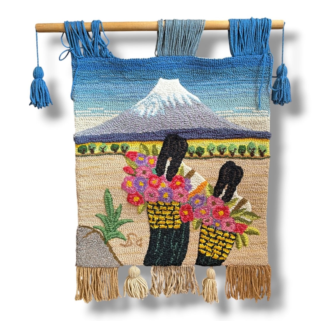 Large Mexican Wool Tapestry, Women Harvesting Flowers: Measures approx. 48" x 41.5".
