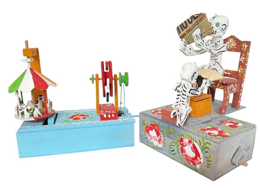 Two Kinetic Mexican Folk Art Sculptures: Includes a shoe shiner that shines when wound and a carnival with merry-go-round and ferris wheel that turn when wound. Both are unsigned. The shoe shiner is slightly larger and measures 12" H x 9" W