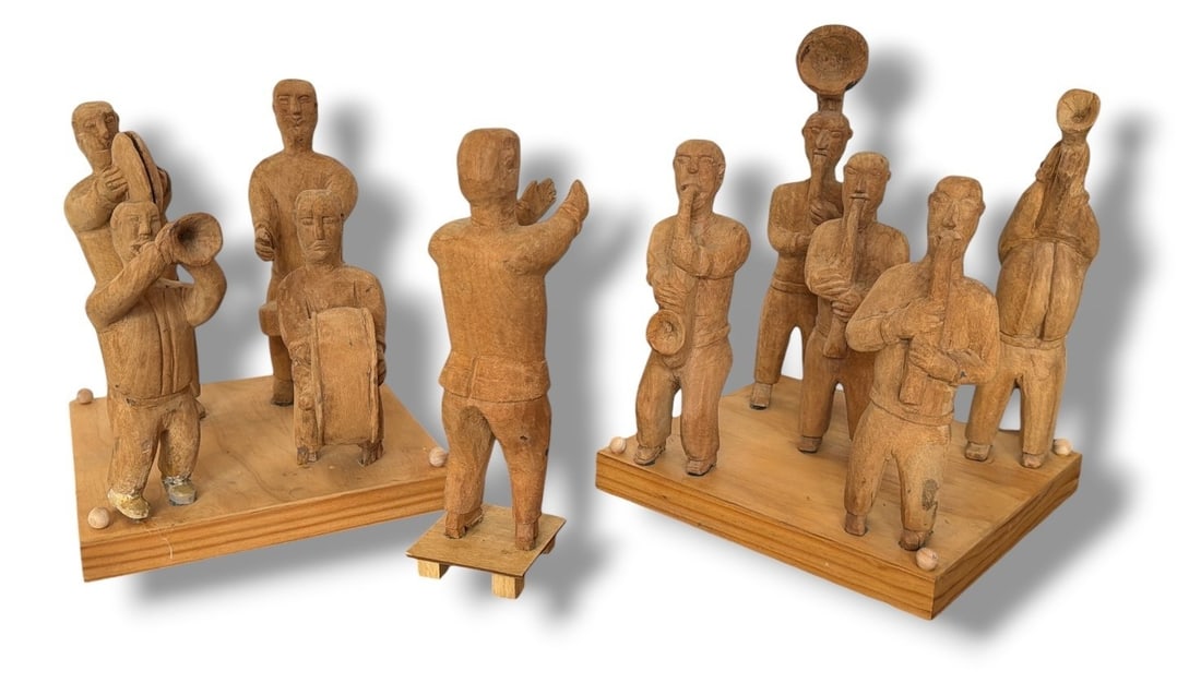 Mexican Folk Art Carved Wood Band: The largest section measures approx. 13" H x 10" W x 9.5" D.