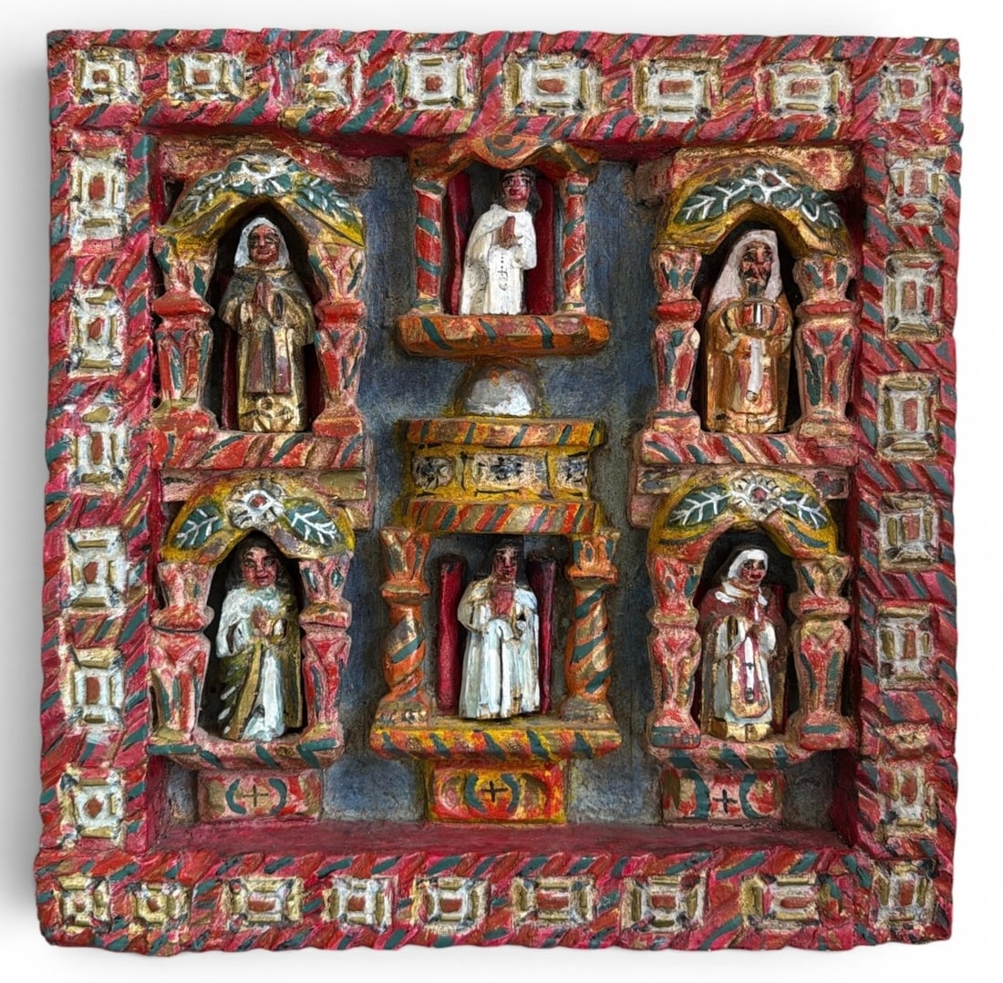 Mexican Folk Art Carved Retablo, Guanajuato: Measures 12.25" x 12.25" x 1.5" D. Inscribed Guanajuato en verso.