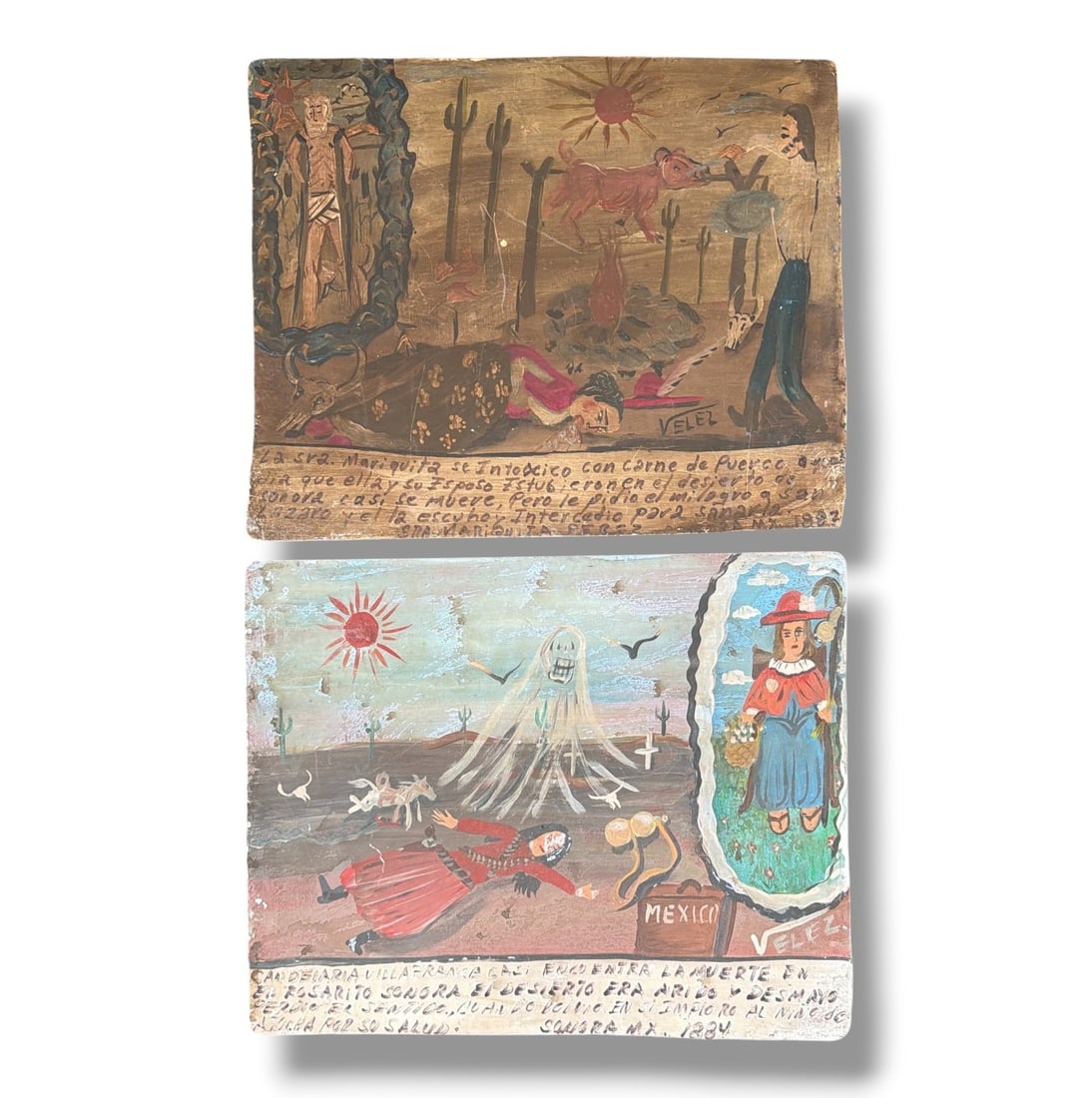Two Mexican Folk Art Ex Voto Retablo Paintings: Includes two paintings, one reads " Mrs. Mariquita was poisoned with meat from Cinquerellay. Her tactical husband, with his help, almost dies, but she asked for the miracle of Saint Parevel 12, who