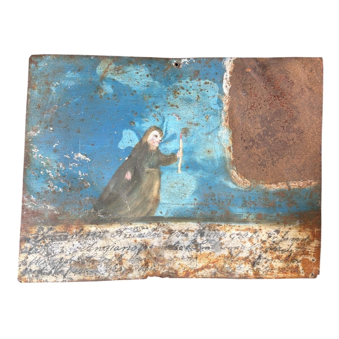 Early Mexican Folk Art Ex Voto Retable Painting: Measures 7.75" x 10.25". The writing on the bottom section is mainly indiscernible but this piece is dated 1921.