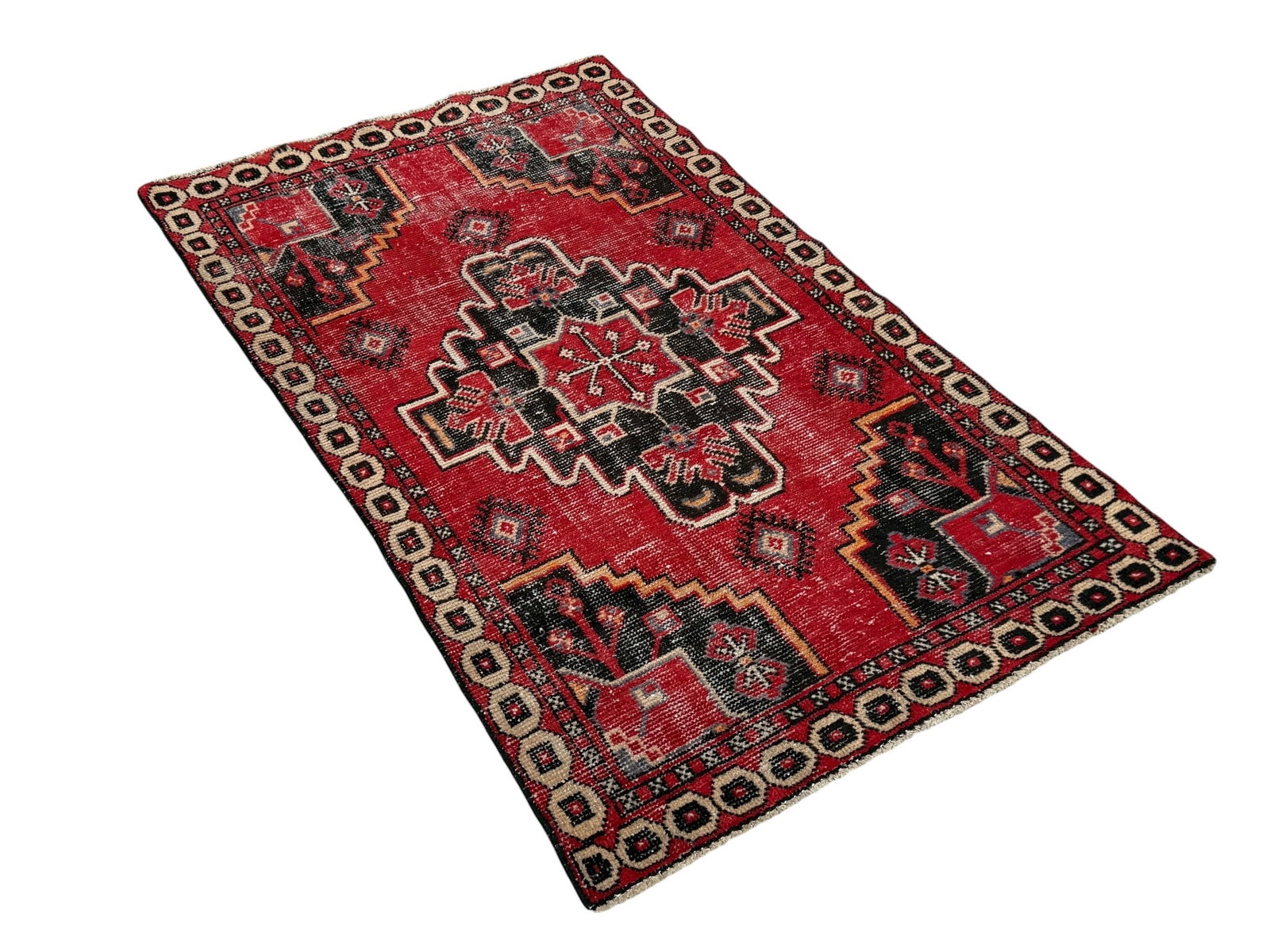 Vintage Turkish Rug: 73" x 43" fringe to fringe.