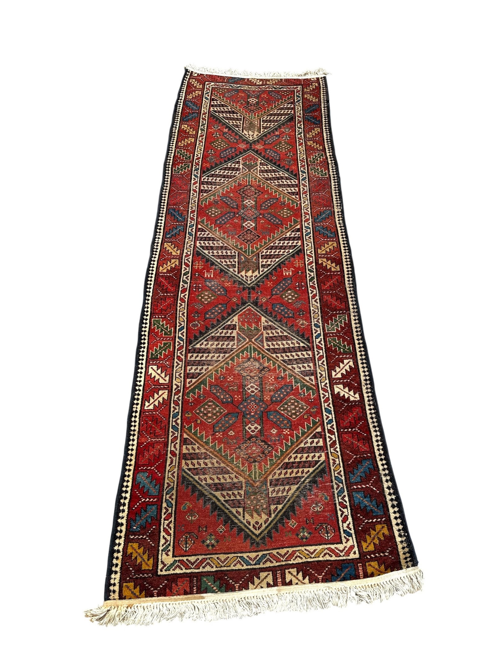 Vintage Geometric Pattern Kilim Runner Rug: 112" x 36" fringe to fringe.