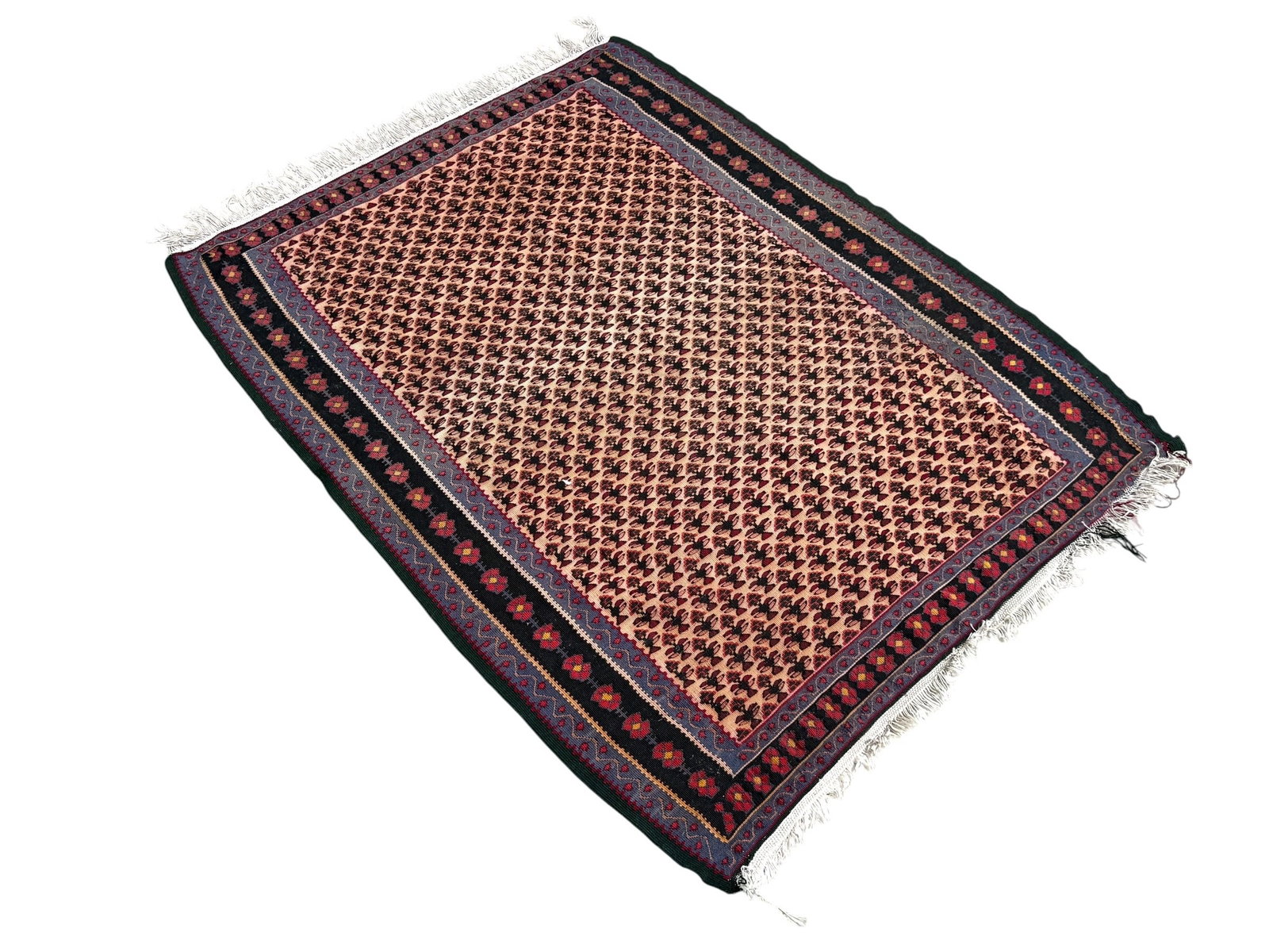 Vintage Persian Floral Kilim Rug: 63" x 47" fringe to fringe.