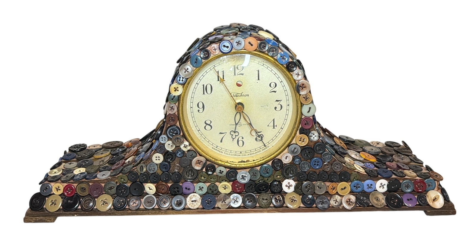 POPS CASEY (American, 20th C.) Folk Art Button Mantel Clock: Measures 7.5" H x 17.25" W x 4.5" D. Unsigned.