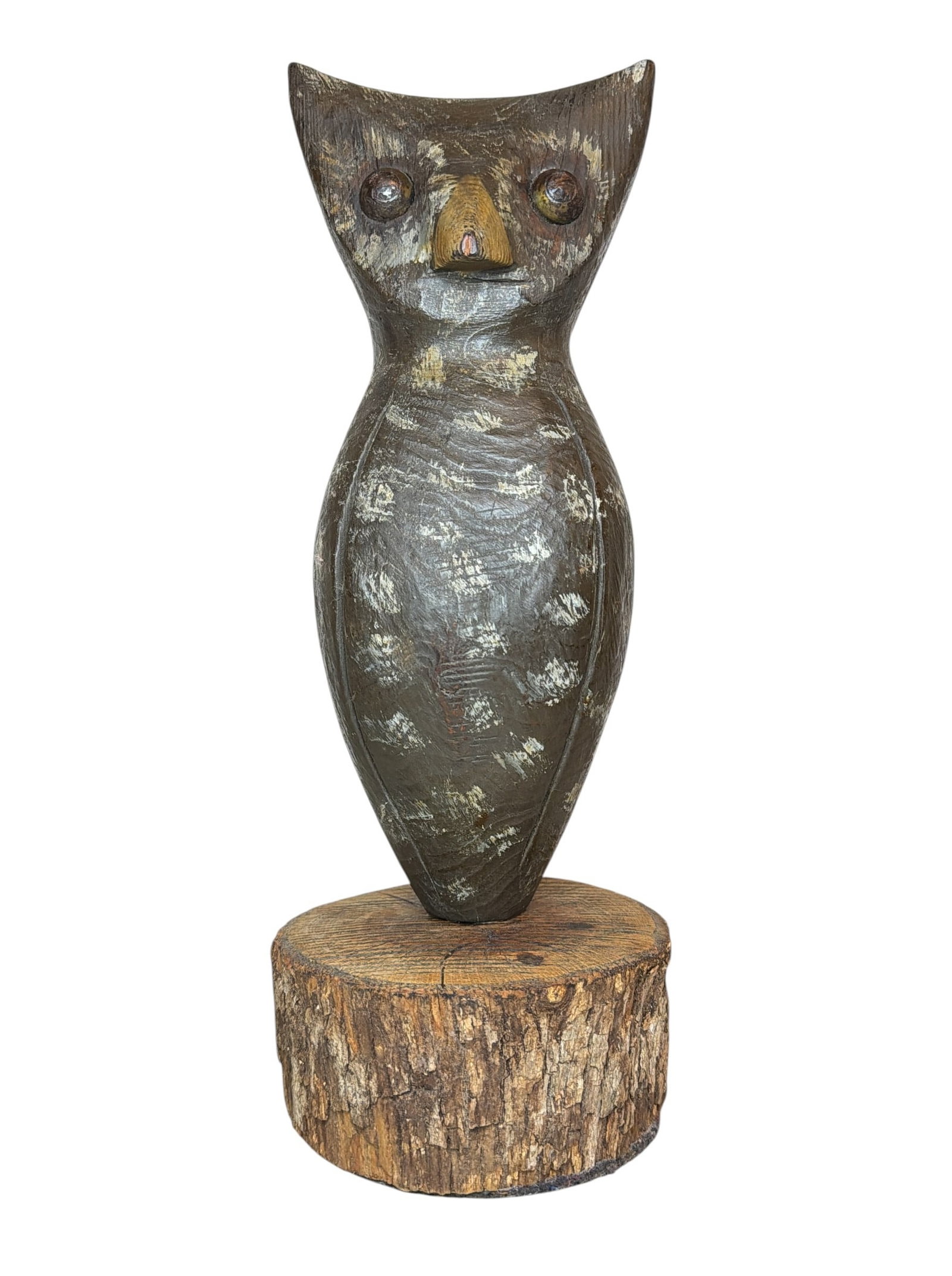 Vintage Folk Art Carved Wood Owl Sculpture: Measures 14" H x 5" overall diameter of base. From a Texas Estate.