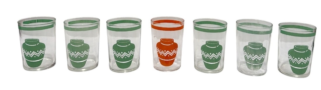 1930's FIESTAWARE "Go Along" Bar Glasses: All measure approx. 4" H x 3" diameter. Set of 6 plus one extra orange cup.