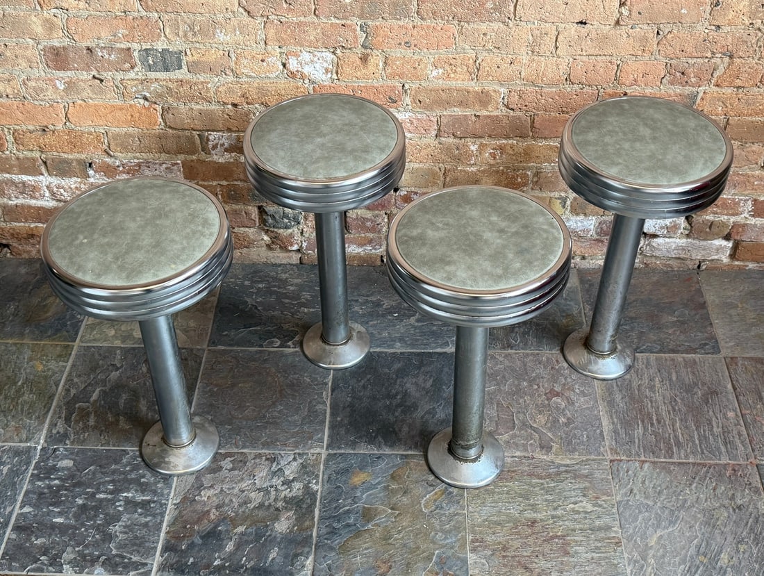 Set of 4 Classic Retro Diner Stools: 24" H x 12.5" seat diameter x 6.5" base diameter. From Little Goat Diner in Chicago. Secures to the ground use 4 screws that is covered by the base cap. Base cap slides up to expose the base that