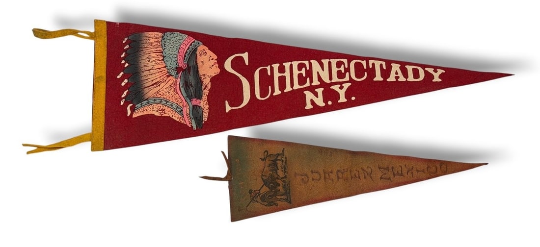 Two Early Travel Souvenir Pennants: Includes a pennant from Schenectady, New York and a bull fighting souvenir pennant from Juarez, Mexico. On the Mexico pennant, the top reads "I Love You Dearest" and it measures 16" long x 5.25" W at