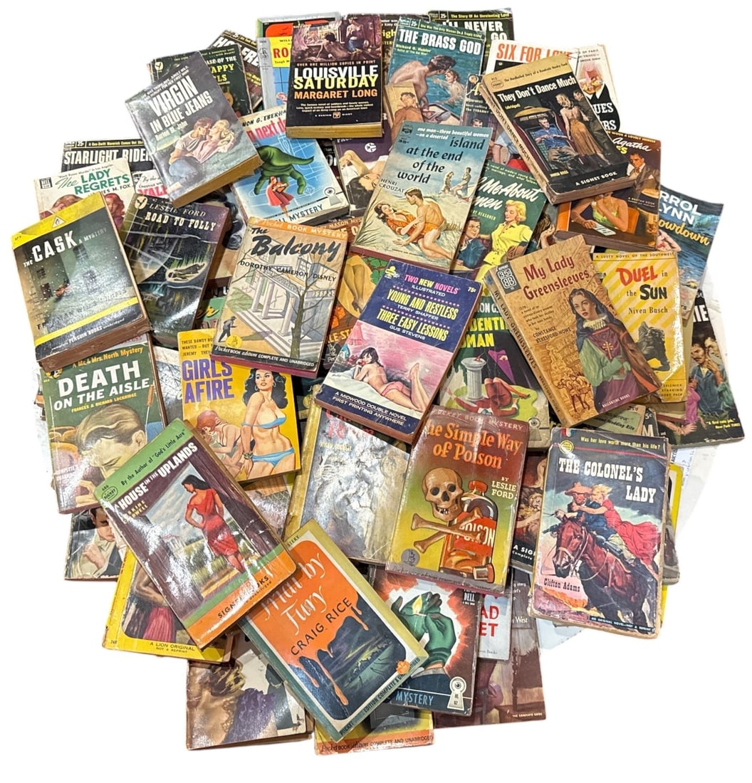 Collection of Vintage Pulp Fiction Paperback Books, Sex & Western: Mystery, crime, western and romance pulp paperbacks. Over 70 copies. Mid Century Oddity
