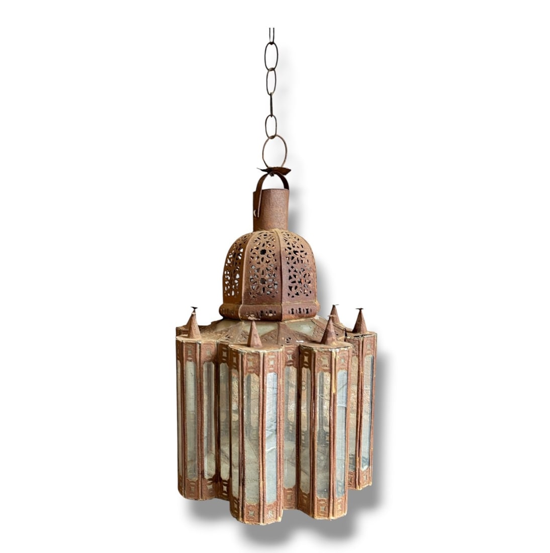 Vintage Moroccan Moorish Style Glass Lantern Pendant: Cast iron and glass. Measures 23" H x 13" overall diameter. Hangs an additional 19.5" L.