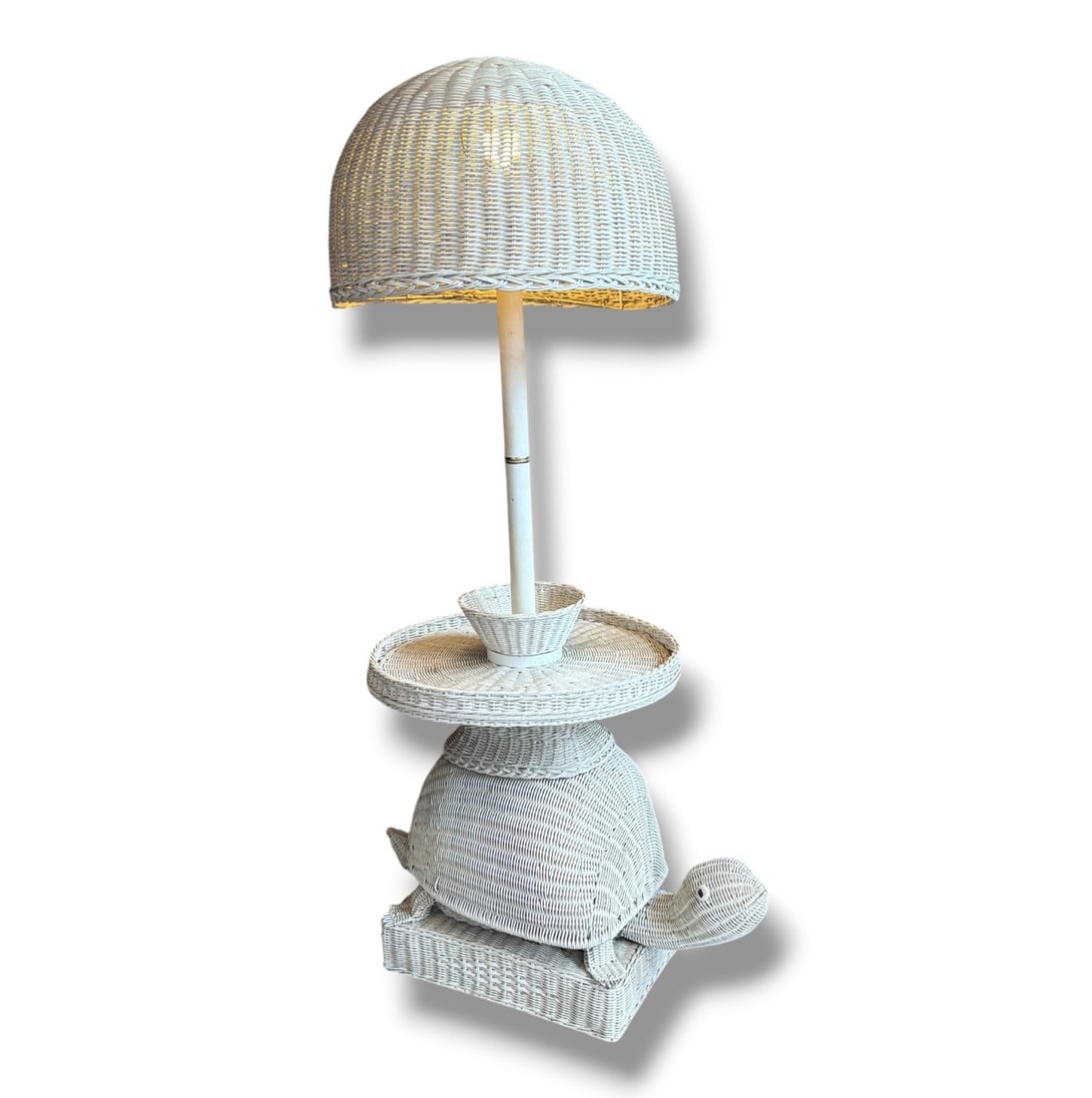 Mid Century Wicker Turtle Table Lamp: Measures 54" H x 21" shade diameter x 19" table diameter, base is 11" W x 25" D.