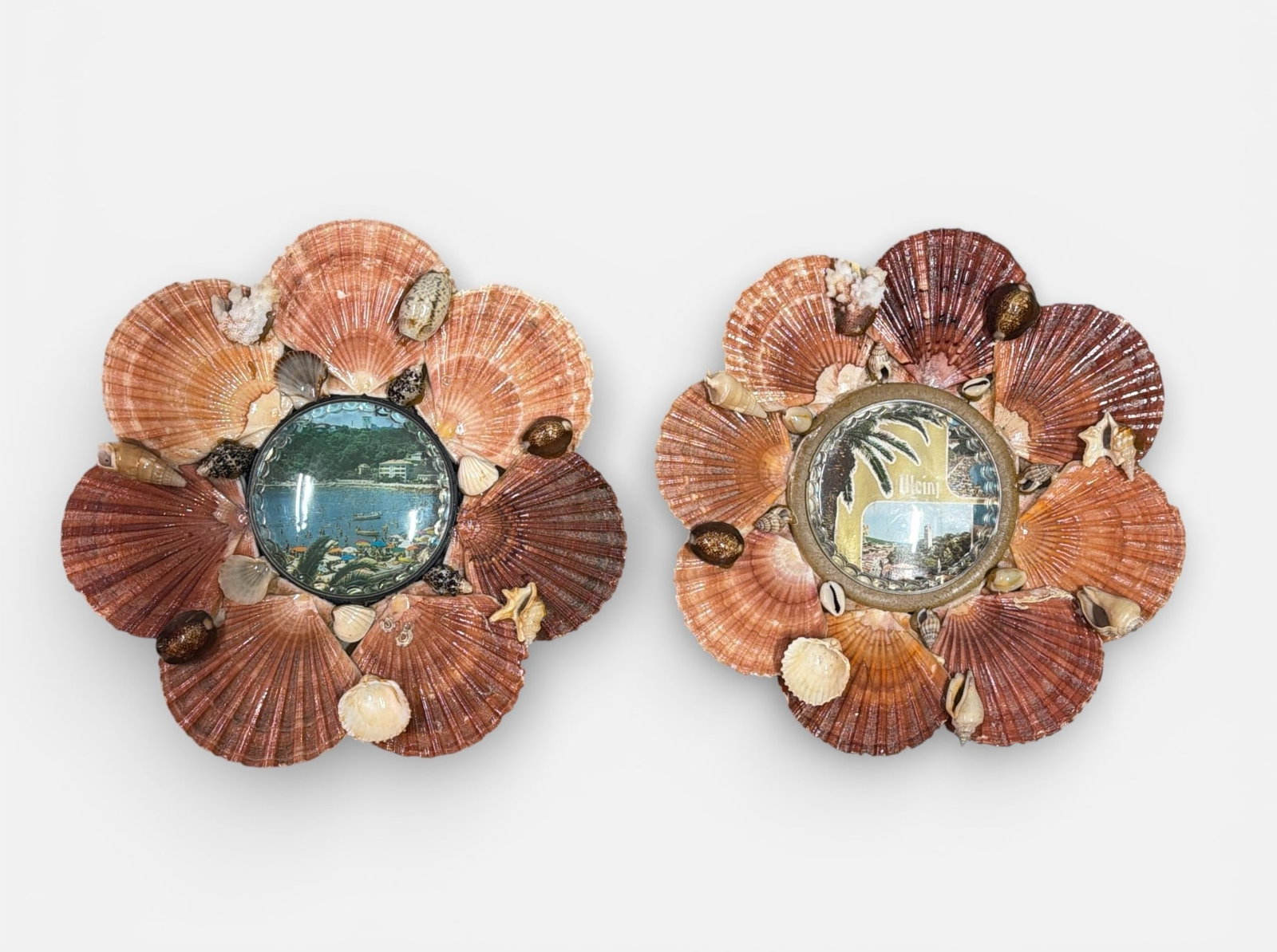 Two Folk Art Seashell Souvenirs, Montenegro: Each measures 11" overall DIA.