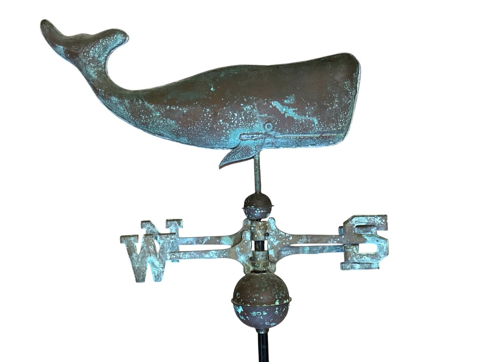 Vintage Copper Whale Weathervane: Measures 42" H, Whale measures 24" W, 4" D.