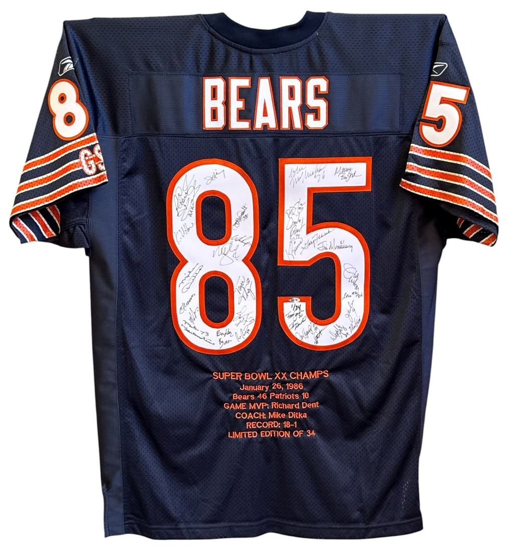 1985 CHICAGO BEARS Super Bowl Champion Autographed Football Jersey: Limited edition 1/34. Shadowbox frame included which measures 42. 5" H x 34. 5" W x 3. 5" D. Signed by Does not include Walter Payton's signature. Certificate of Authenticity card from Schwartz Sports