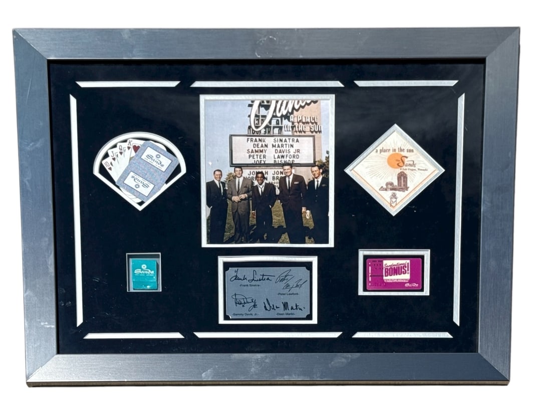 THE RAT PACK, Sands Hotel Memorabilia Shadow Box: Measures 24" H x 30" W x 1" D in frame. Includes plaque with replica signatures of Frank Sinatra, Dean Martin, Sammy Davis Jr. , and Peter Lawford.