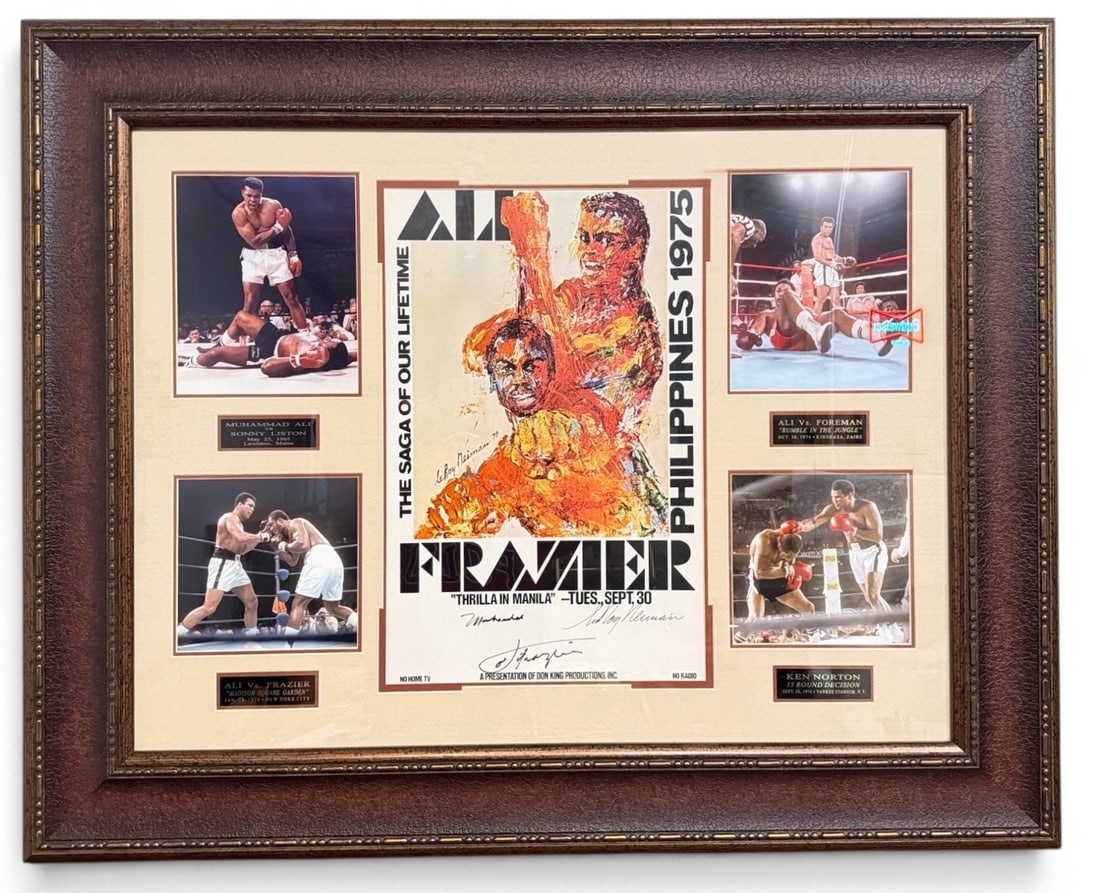Signed LEROY NEIMAN "Thrilla in Manilla" Poster, MUHAMMAD ALI / JOE FRAZIER Autographed: Leroy Neiman's infamous "Thrilla in Manilla" poster, signed by Neiman and autographed by Muhammad Ali and Joe Frazier. Includes photographs of other notable Ali fights including: Muhammad Ali vs. Sonn