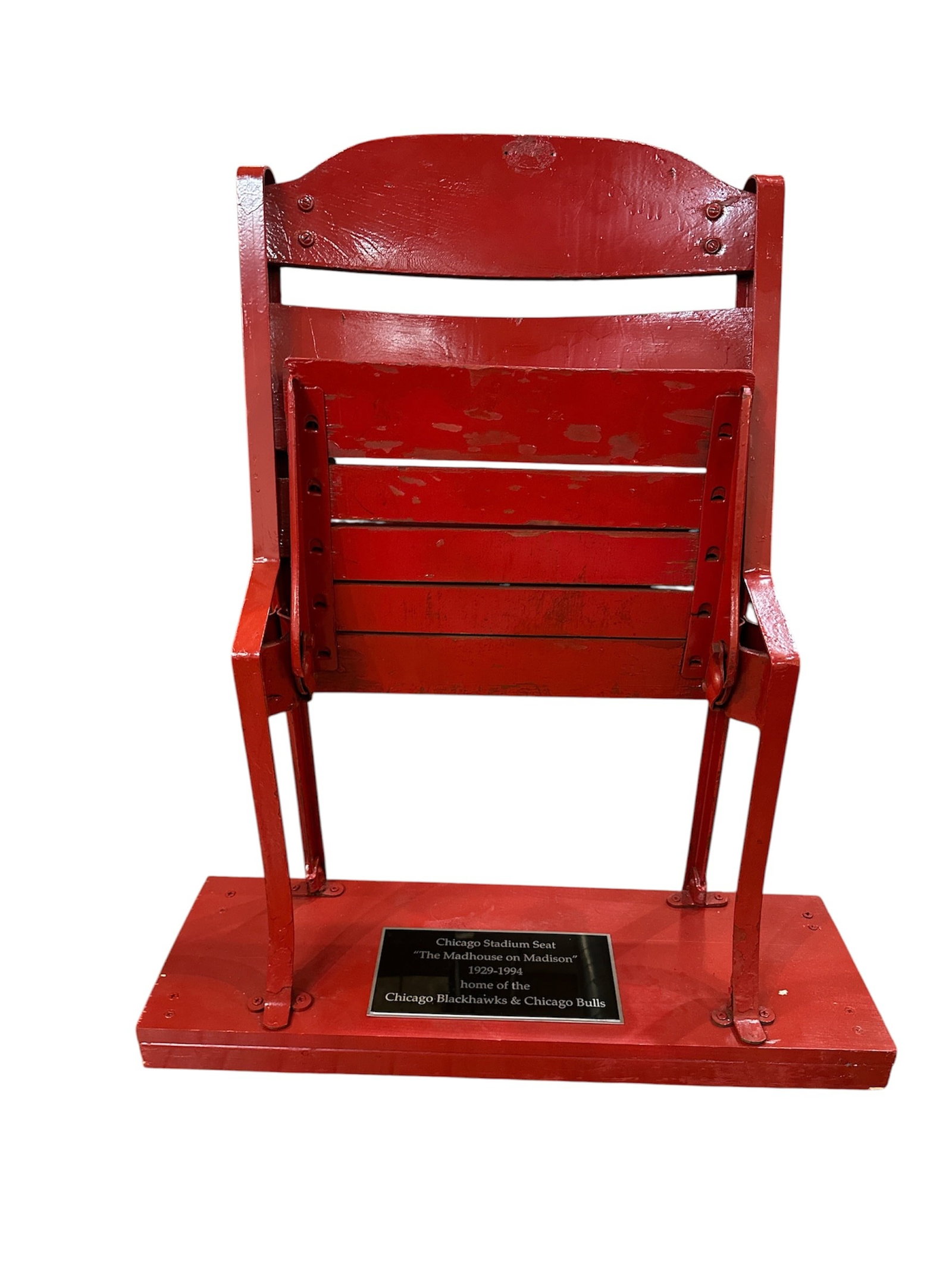 Authentic Chicago Stadium Folding Seat: Measures 34" H to the back, 20.5" H to the seat x 29" W x 14" D.