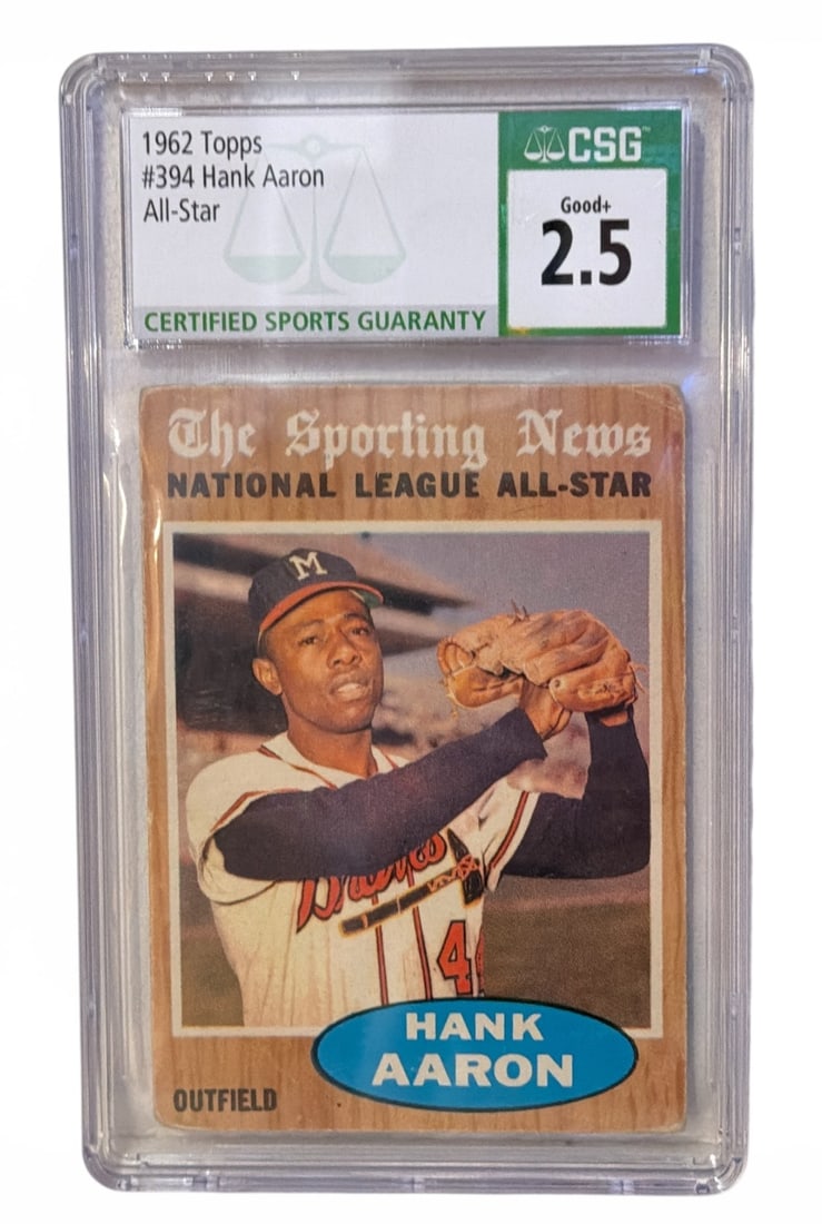 1962 TOPPS HANK AARON #394 Baseball Card, CSG 2. 5 Good+ Graded: Measures 3. 5" x 2. 5. In the case measures 5. 5" x 3. 5".