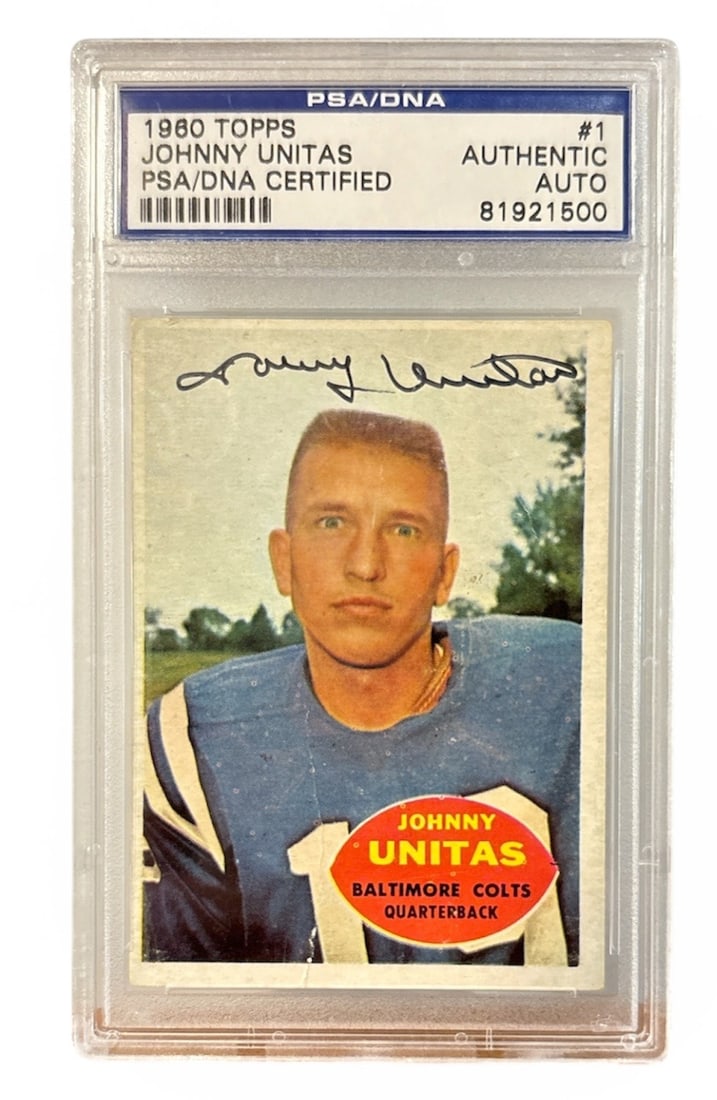 Authentic 1960 TOPPS JOHNNY UNITAS Signed #1 Football Card, PSA/DNA Certified: PSA/DNA Certified Authentic Johnny Unitas Baltimore Colts Football Card. Certification number 81921500. Measures 3. 5" x 2. 5. In the case measures 5. 5" x 3. 5".