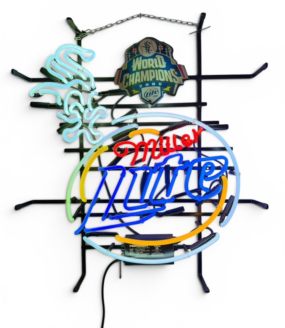 Miller Light, Chicago White Sox 2005 World Champions Neon Bar/Pub Sign: LED Neon sign. Neon itself measures 21" H x 20" W x 3" D, overall dimensions including chain to hang measure 28" H x 23" W x 5" D.