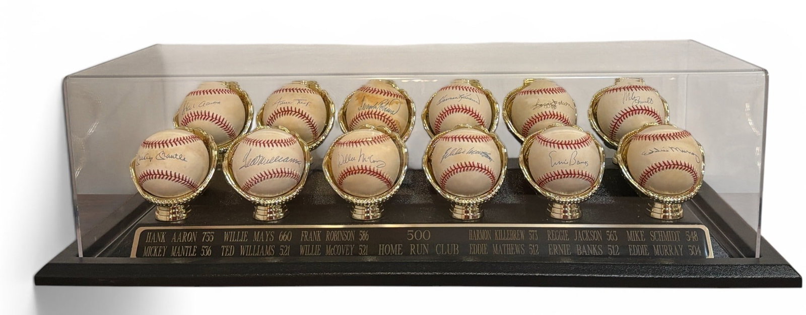 500 Home Run Club Baseball Collection (12), HANK AARON, MICKEY MANTLE, WILLIE MAYS, TED WILLIAMS,: Hank Aaron (755), Mickey Mantle (536), Willie May (660), Ted Williams (521), Frank Robinson (586), Willie McCovey (521), Harmon Killebrew (573), Eddie Mathews (512), Reggie Jackson (563), Ernie Banks 