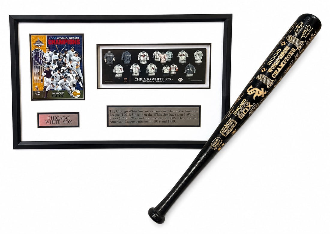 CHICAGO WHITE SOX 2005 World Series Champions Etched Baseball Bat and Jersey Evolution: This bat is a commemorative bat from the 2005 World Series, Champion Edition 05913/10000. Case measures 4. 5" x 37" x 3. 5". Commemorative framed displaying various jersey designs measures 20" H x 32"