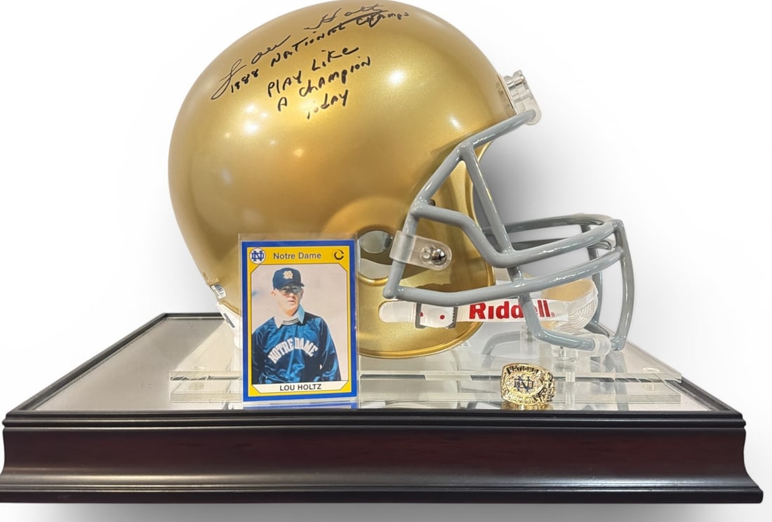 Authentic Autographed LOU HOLTZ Notre Dame Football 1988 Champions Football w/ COA: Includes the signed helmet that reads "Lou Holtz 1988 National Champs, Play Like A Champion Today" that retains a holographic sticker from JSA (James Spence Authentication) and certification card with