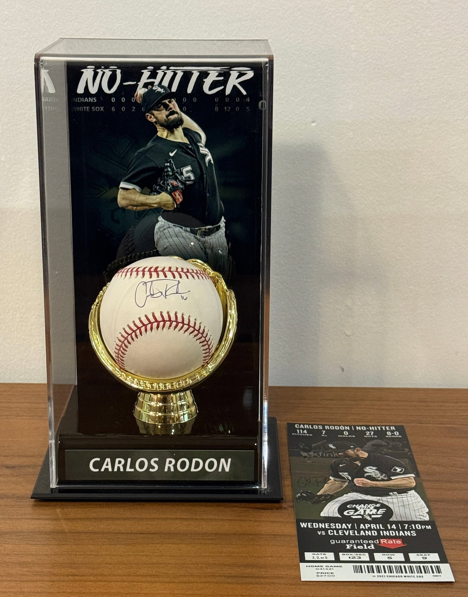Authentic Autographed CARLOS RODON Chicago White Sox No-Hitter Baseball, PSA Certified: PSA Certified, number R 33196. Case measures 10" H x 5. 5" W x 4. 5" D.