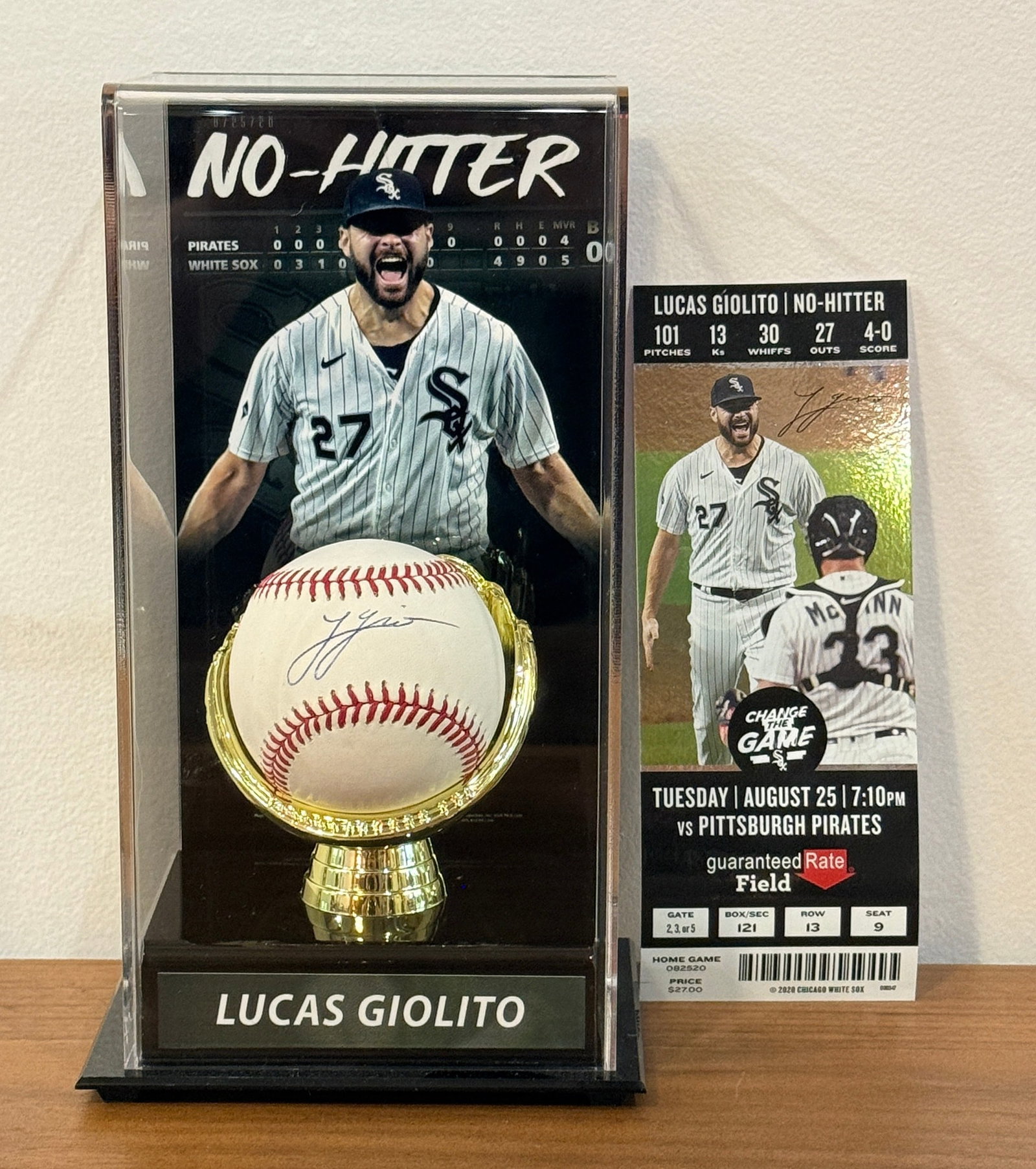 Autographed LUCAS GIOLITO Chicago White Sox No-Hitter Baseball: Retains hologram sticker. Case measures 10" H x 5. 5" W x 4. 5" D.