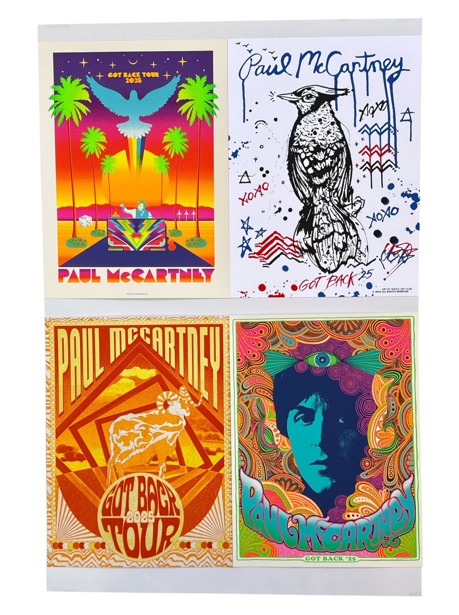 Four Exclusive PAUL MCCARTNEY "Got Back" Tour Posters: As pictured on whiteboard 36" x 24", each poster measures 16" H x 11. 5" W. Exclusively sold as part of VIP packages for the tour.