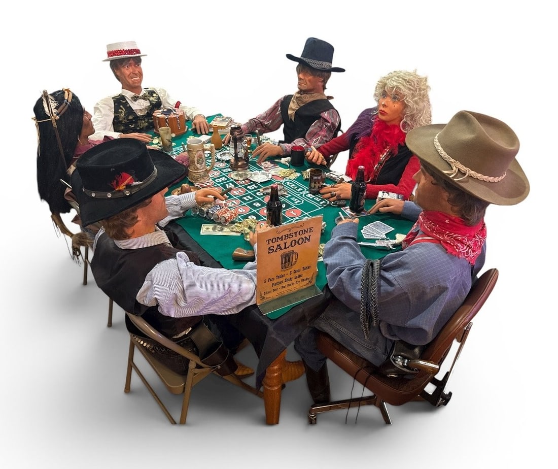 Cowboys & Indians Western Theme Hollywood Movie Prop Set Up, Tombstone Saloon: Includes 6 life size seated figures, poker / roulette props, money props and all other props shown on the table. Cards, fake money, coins, chips, fake guns, knives, bow and arrow, ash trays, cigars, c