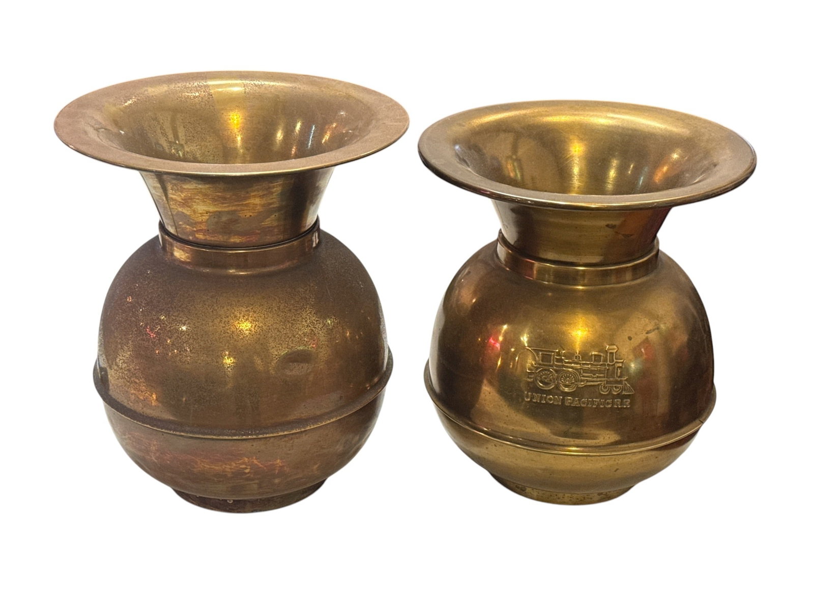 Two Vintage Brass Spittoons, Union Pacific Railroad: Largest measures 11" H x 9. 25" diameter.