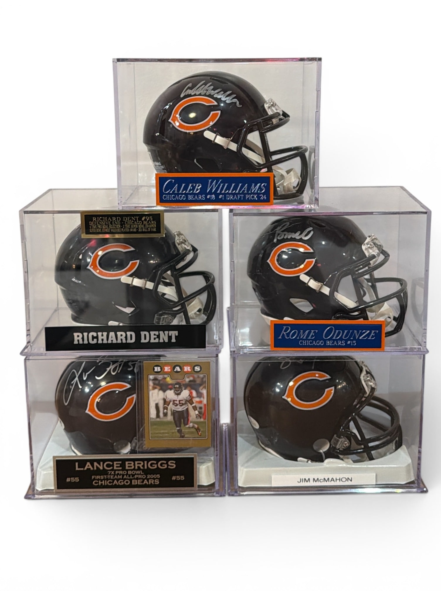 Five Authentic CHICAGO BEARS Autographed Mini Helmets: Lot includes autographed Caleb Williams in plastic display case w holographic authentication Fanatics sticker, Rome Odunze mini helmet in plastic display case w holographic authentication Fanatics sti